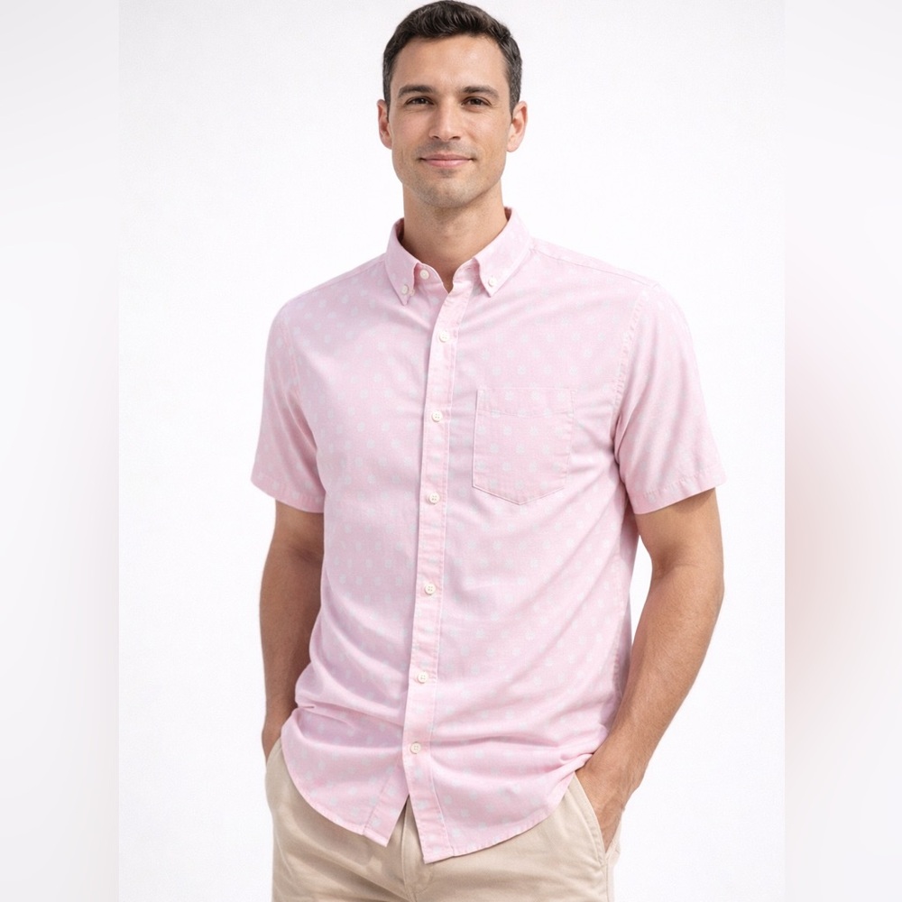 Beautiful pastel pink print short sleeve shirt men’s slim fit S Goodfellow
